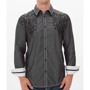Roar Signature Berlin Mens Shirt L Grey Diamond Texture Tribal Embroidered